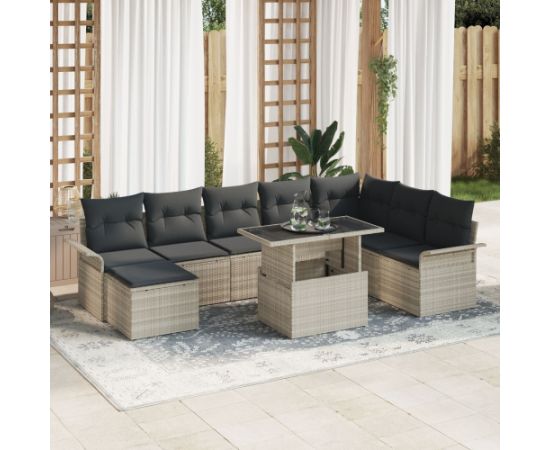 vidaXL Zestaw sof ogrodowych z poduszkami 9 elementów Jasnoszary Polirattan Dārza mēbeļu komplekti