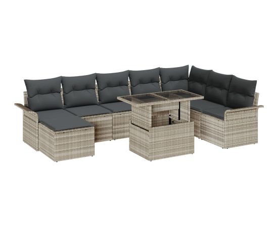 vidaXL Zestaw sof ogrodowych z poduszkami 9 elementów Jasnoszary Polirattan Dārza mēbeļu komplekti