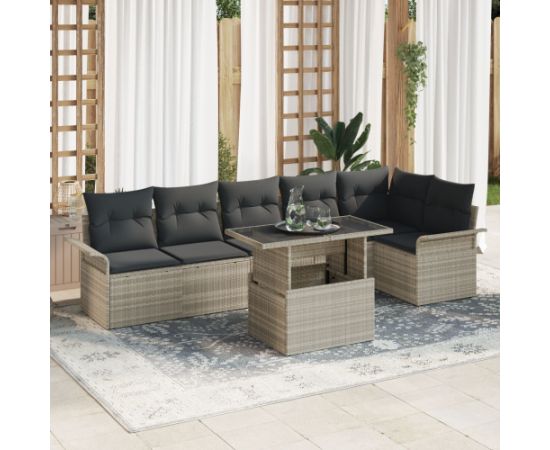 vidaXL Zestaw sof ogrodowych 7 części z poduszkami jasnoszary poli rattan Dārza mēbeļu komplekti