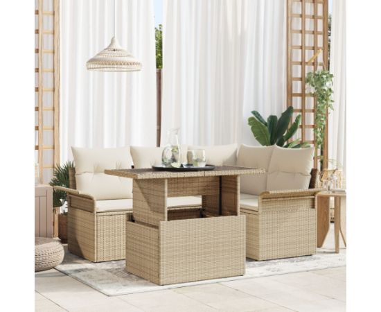 vidaXL Zestaw sof ogrodowych  5 części z poduszkami Beżowy Poliester Rattan Dārza mēbeļu komplekti