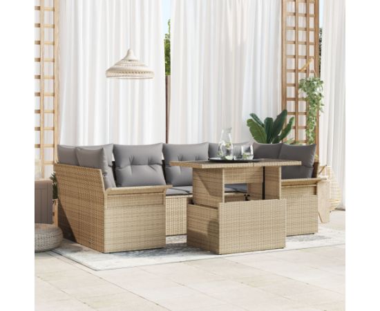 vidaXL Zestaw sofy ogrodowej 7-elementowy z beżowymi poduszkami polirattan Dārza mēbeļu komplekti