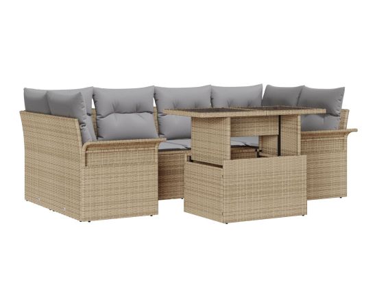 vidaXL Zestaw sofy ogrodowej 7-elementowy z beżowymi poduszkami polirattan Dārza mēbeļu komplekti