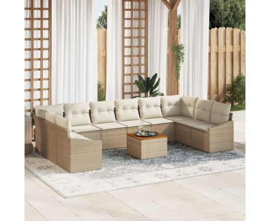 vidaXL Zestaw Sofowy  11 Elementów z Poduszkami Beżowy Polirattan Akacja Dārza mēbeļu komplekti