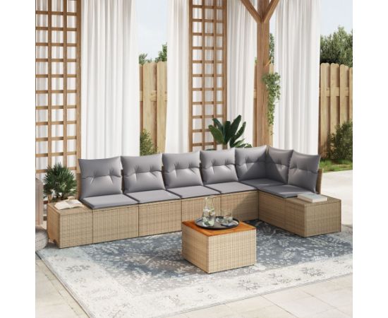 vidaXL 7-elementowy zestaw sofy ogrodowej z poduszkami Beżowy Polirattan Akacja Dārza mēbeļu komplekti
