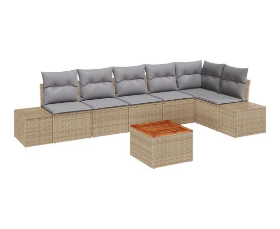 vidaXL 7-elementowy zestaw sofy ogrodowej z poduszkami Beżowy Polirattan Akacja Dārza mēbeļu komplekti