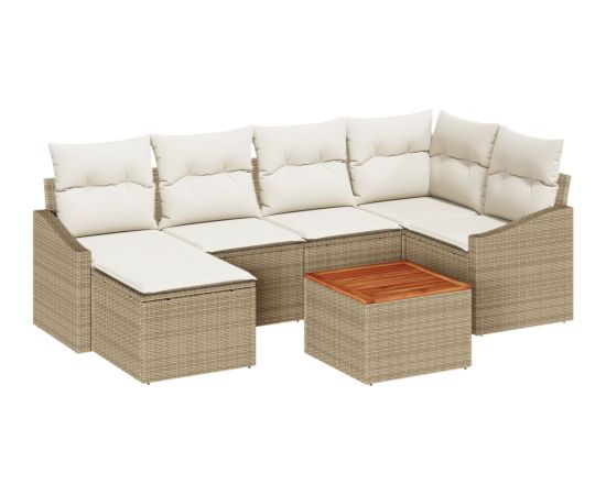 vidaXL Zestaw 7-osobowy sof ogrodowych z poduszkami Beżowy Polirattan Akacja Dārza mēbeļu komplekti