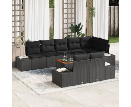 vidaXL 9-częściowy zestaw sof ogrodowych z poduszkami czarnymi z polirattanu akacjowego Dārza mēbeļu komplekti
