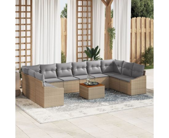 vidaXL Zestaw Sof w Ogrodzie 11 Elementów z Poduszkami Beżowy Poli Rattan Akacja Dārza mēbeļu komplekti