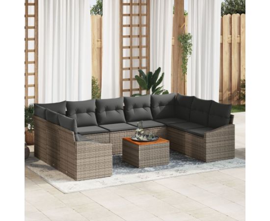 vidaXL Zestaw 10 elementów sofy ogrodowej z poduszkami Szary Polirattan Akacja Dārza mēbeļu komplekti