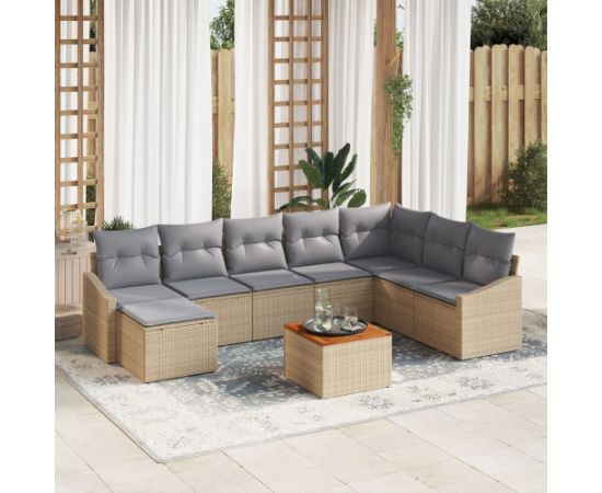 vidaXL Zestaw kanapowy ogrodowy  9 elementów z poduszkami Beżowy Polirattan Akacja Dārza mēbeļu komplekti