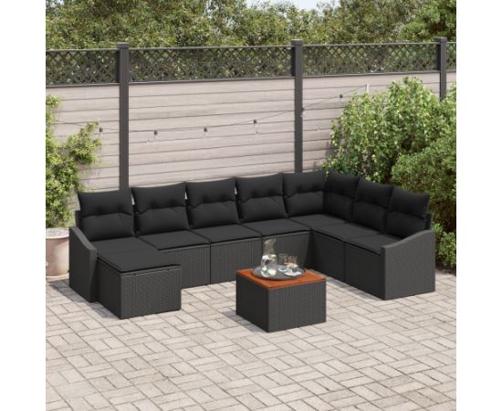 vidaXL 9-elementowy zestaw sof ogrodowych z poduszkami  Czarny Poli Rattan Akacja Dārza mēbeļu komplekti