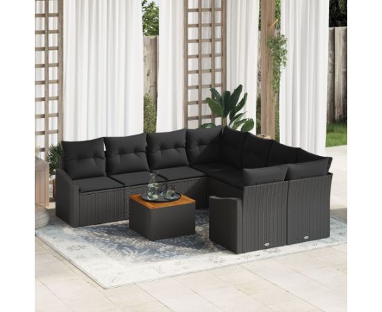 vidaXL 9-elementowy zestaw sof ogrodowych  z poduszkami czarny polirattan acacia Dārza mēbeļu komplekti