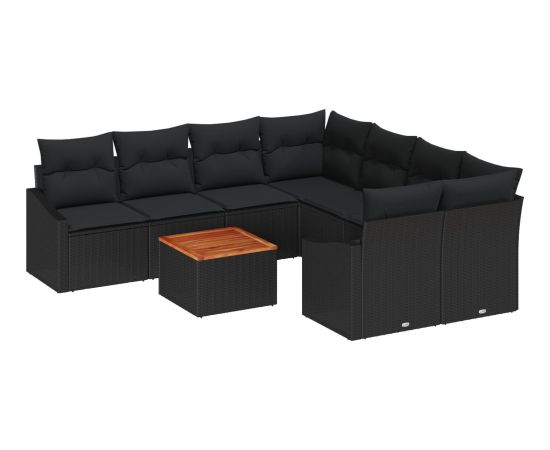 vidaXL 9-elementowy zestaw sof ogrodowych  z poduszkami czarny polirattan acacia Dārza mēbeļu komplekti