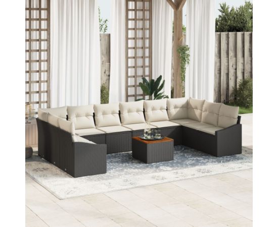 vidaXL Zestaw sofy ogrodowej  z poduszkami 11 elementów Czarny Polirattan Akacja Dārza mēbeļu komplekti