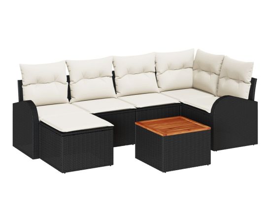 vidaXL Zestaw sof ogrodowych  7-częściowy z poduszkami w kolorze czarnym z polirattanu akacjowego Dārza mēbeļu komplekti