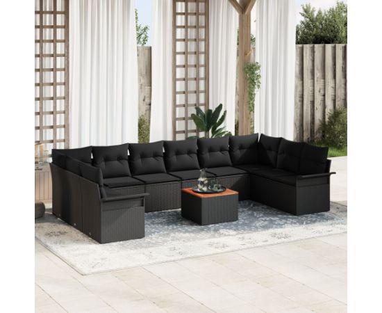 vidaXL 11 Elementowy zestaw sof ogrodowych z poduszkami Czarny Polirattan Akacja Dārza mēbeļu komplekti