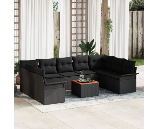 vidaXL Zestaw sof ogrodowych  10 części z poduszkami Czarny Polirattan Akacja Dārza mēbeļu komplekti
