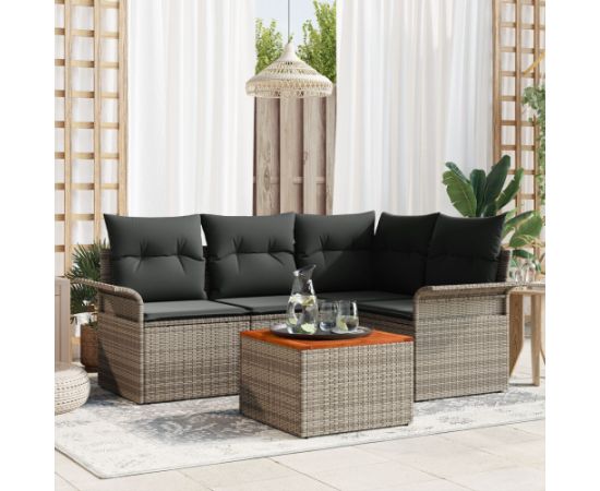 vidaXL Zestaw 5-częściowy sofa ogrodowa z poduszkami Szary Poly Rattan Acacia Dārza mēbeļu komplekti