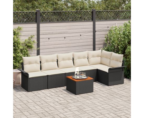 vidaXL Zestaw sof ogrodowych  7 częściowy z poduszkami Czarny Polirattan Akacja Dārza mēbeļu komplekti
