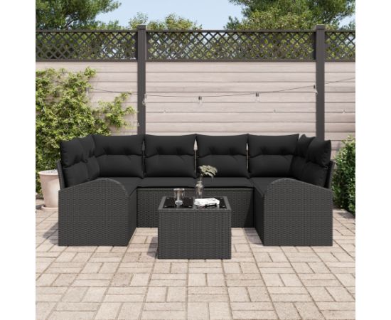 vidaXL Zestaw 7-częściowy sof ogrodowych z poduszkami Czarny Rattan Dārza mēbeļu komplekti