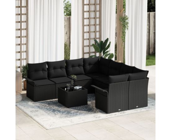 vidaXL Zestaw 9-częściowy sof ogrodowych z poduszkami Czarny Polirattan Dārza mēbeļu komplekti