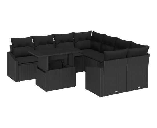 vidaXL Zestaw sofy ogrodowej 9 części Czarny Rattan, Poliester Dārza mēbeļu komplekti