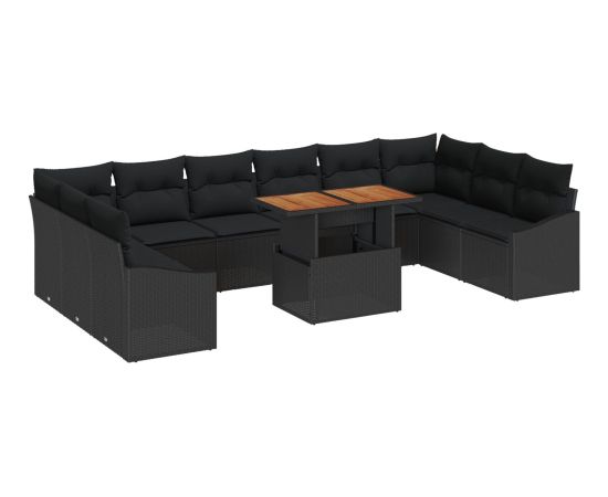 vidaXL Zestaw Sof Ogrodowych Zestaw 11 Czarny Rattan, Drewniany Blat Dārza mēbeļu komplekti