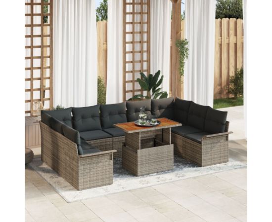 vidaXL Zestaw Sof Ogrodowych 10 Elementów Szary Rattan, Poliester Dārza mēbeļu komplekti