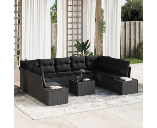 vidaXL Zestaw sof ogrodowych Zestaw 10 Czarny Rattan, Poliester, Stal Dārza mēbeļu komplekti