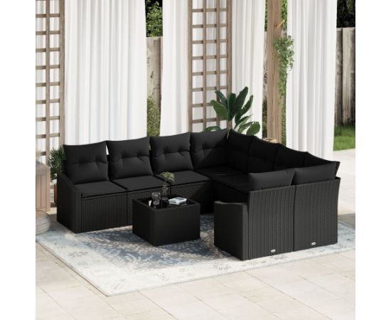 vidaXL Zestaw Sofy Ogrodowej 9 Części Czarny Rattan, Poduszki Poliestrowe Dārza mēbeļu komplekti