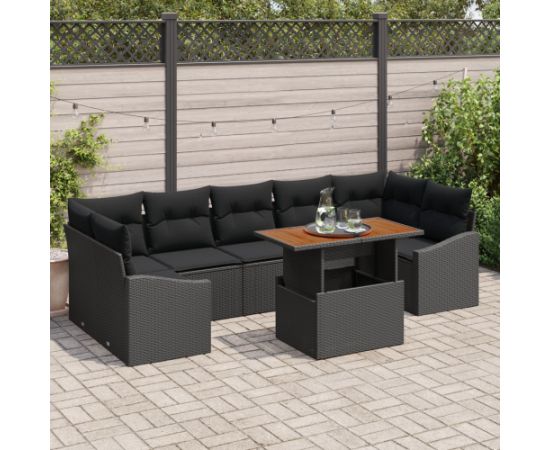 vidaXL Zestaw ogrodowy 8 elementów Czarny Rattan, Drewno Zestaw kanapowy Dārza mēbeļu komplekti