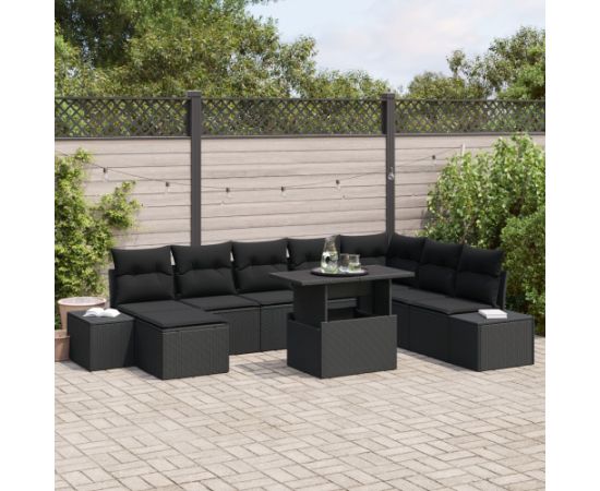vidaXL Zestaw Sofy Ogrodowej Zestaw 9 Czarny Rattan, Poduszki Polyesterowe Dārza mēbeļu komplekti