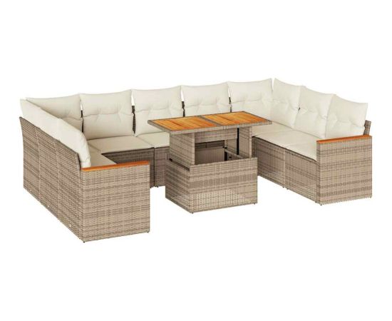 vidaXL 10-cz. zestaw mebli z poduszkami, beżowy, polirattan i akacja Dārza mēbeļu komplekti