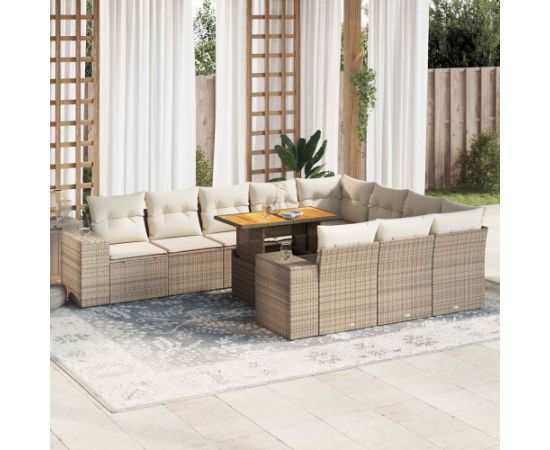 vidaXL 10-cz. zestaw mebli z poduszkami, beżowy, polirattan i akacja Dārza mēbeļu komplekti