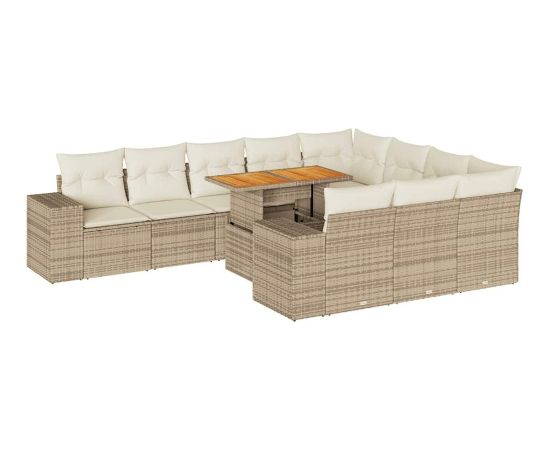 vidaXL 10-cz. zestaw mebli z poduszkami, beżowy, polirattan i akacja Dārza mēbeļu komplekti