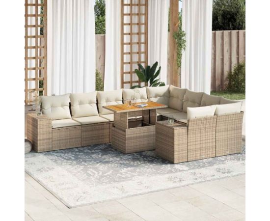 vidaXL 10-cz. zestaw mebli z poduszkami, beżowy, polirattan i akacja Dārza mēbeļu komplekti