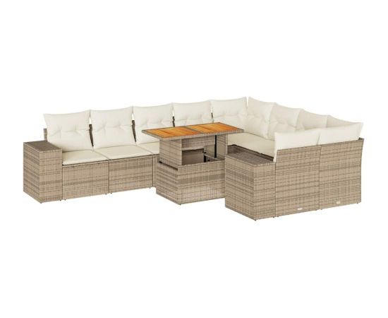 vidaXL 10-cz. zestaw mebli z poduszkami, beżowy, polirattan i akacja Dārza mēbeļu komplekti