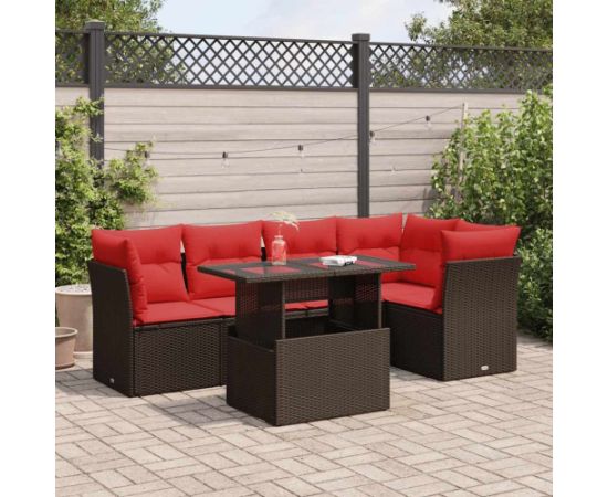 vidaXL 6-cz. zestaw mebli z poduszkami, brązowy, polirattan i akacja Dārza mēbeļu komplekti