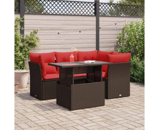 vidaXL 5-częściowy zestaw mebli z poduszkami, brązowy, polirattan i akacja Dārza mēbeļu komplekti