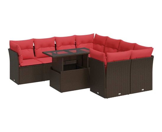 vidaXL 9-częściowy zestaw mebli z poduszkami, brązowy, polirattan i akacja Dārza mēbeļu komplekti