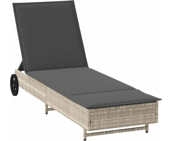 vidaXL Leżak na kółkach, z poduszką, jasnoszary, polirattan Шезлонги и пляжные стулья