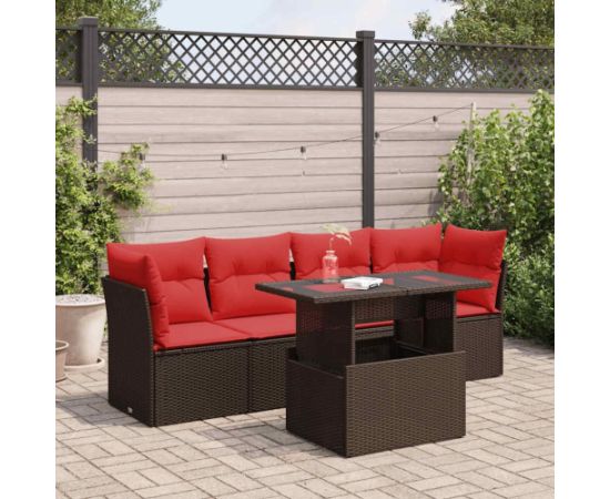 vidaXL 5-cz. zestaw mebli z poduszkami, brązowy, polirattan i akacja Dārza mēbeļu komplekti