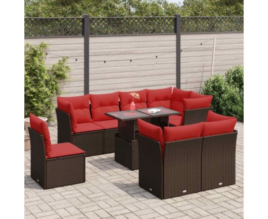 vidaXL 9-cz. zestaw mebli z poduszkami, brązowy, polirattan i akacja Dārza mēbeļu komplekti