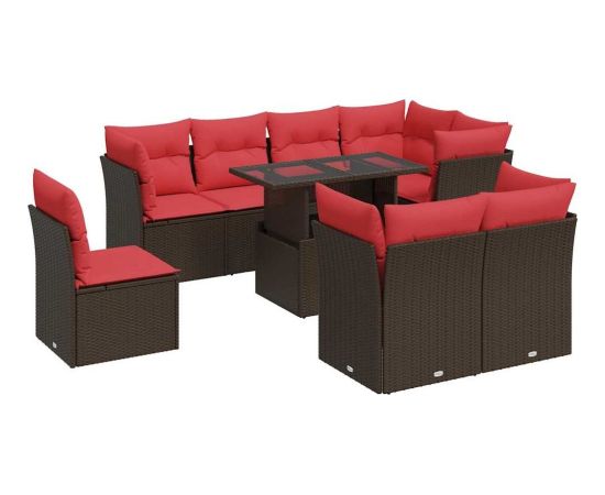 vidaXL 9-cz. zestaw mebli z poduszkami, brązowy, polirattan i akacja Dārza mēbeļu komplekti