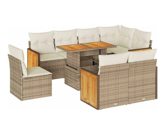 vidaXL 9-częściowy zestaw mebli z poduszkami, beżowy, polirattan i akacja Dārza mēbeļu komplekti