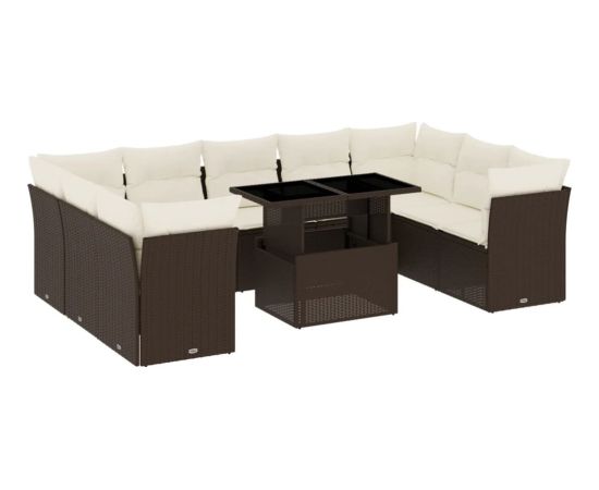 vidaXL 10-częściowy zestaw mebli ogrodowych z poduszkami, brązowy polirattan Dārza mēbeļu komplekti