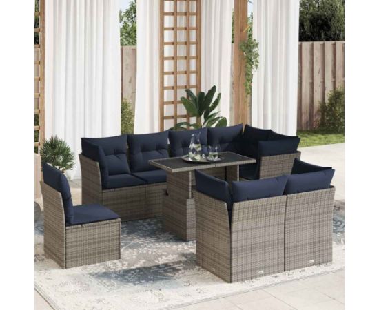 Vidaxl 9-cz. zestaw mebli z poduszkami, szary, polirattan i akacja Dārza mēbeļu komplekti