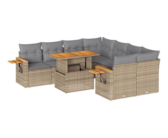 Vidaxl 9-cz. zestaw mebli z poduszkami, beżowy, polirattan i akacja Dārza mēbeļu komplekti