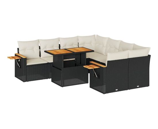 Vidaxl 9-cz. zestaw mebli z poduszkami, czarny, polirattan i akacja Dārza mēbeļu komplekti