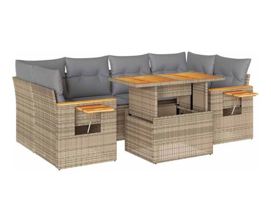 Vidaxl 7-cz. zestaw mebli z poduszkami, beżowy, polirattan i akacja Dārza mēbeļu komplekti